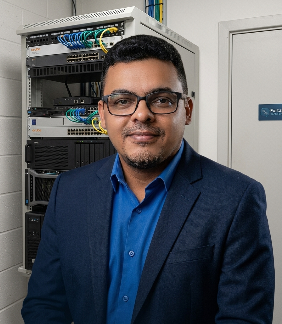 Fabio Silva da TECFOR-CE Fortaleza, especialista em infraestrutura de rede, posando em frente a um rack de servidores com switches Aruba e cabos de rede coloridos.