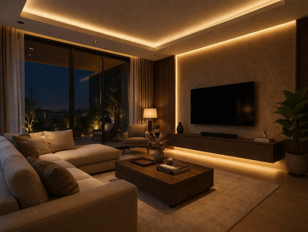 Sala de estar com iluminação de LED embutida e design minimalista em Fortaleza