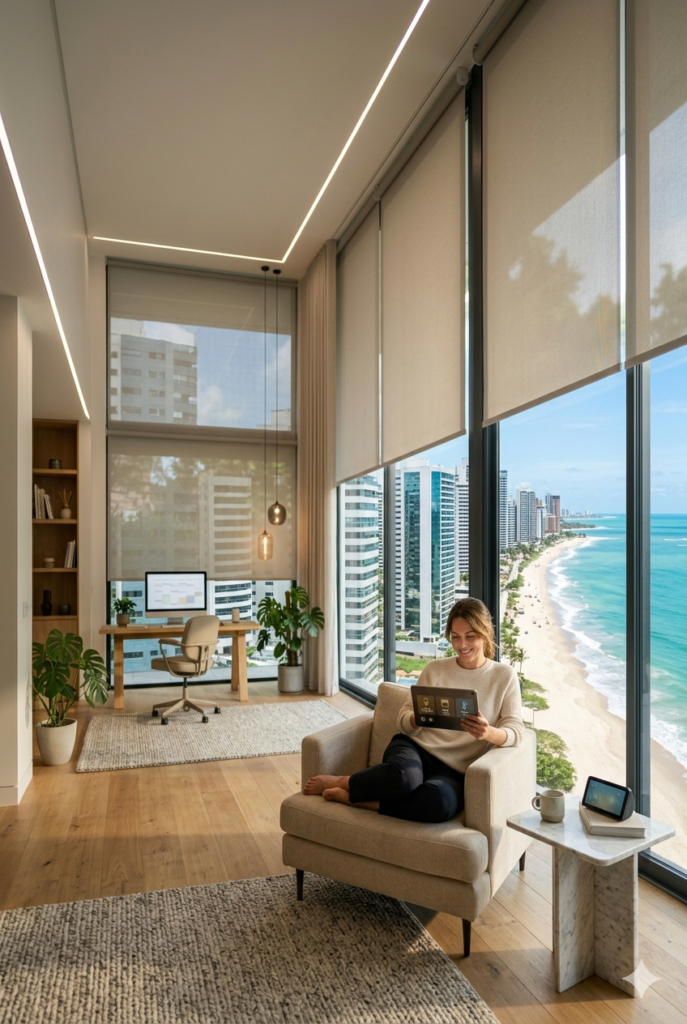 Apartamento de luxo na Beira-Mar de Fortaleza controlando iluminação e persianas inteligentes via tablet, com Echo Show 5 sobre a mesa lateral, Cliente TECFOR-CE.