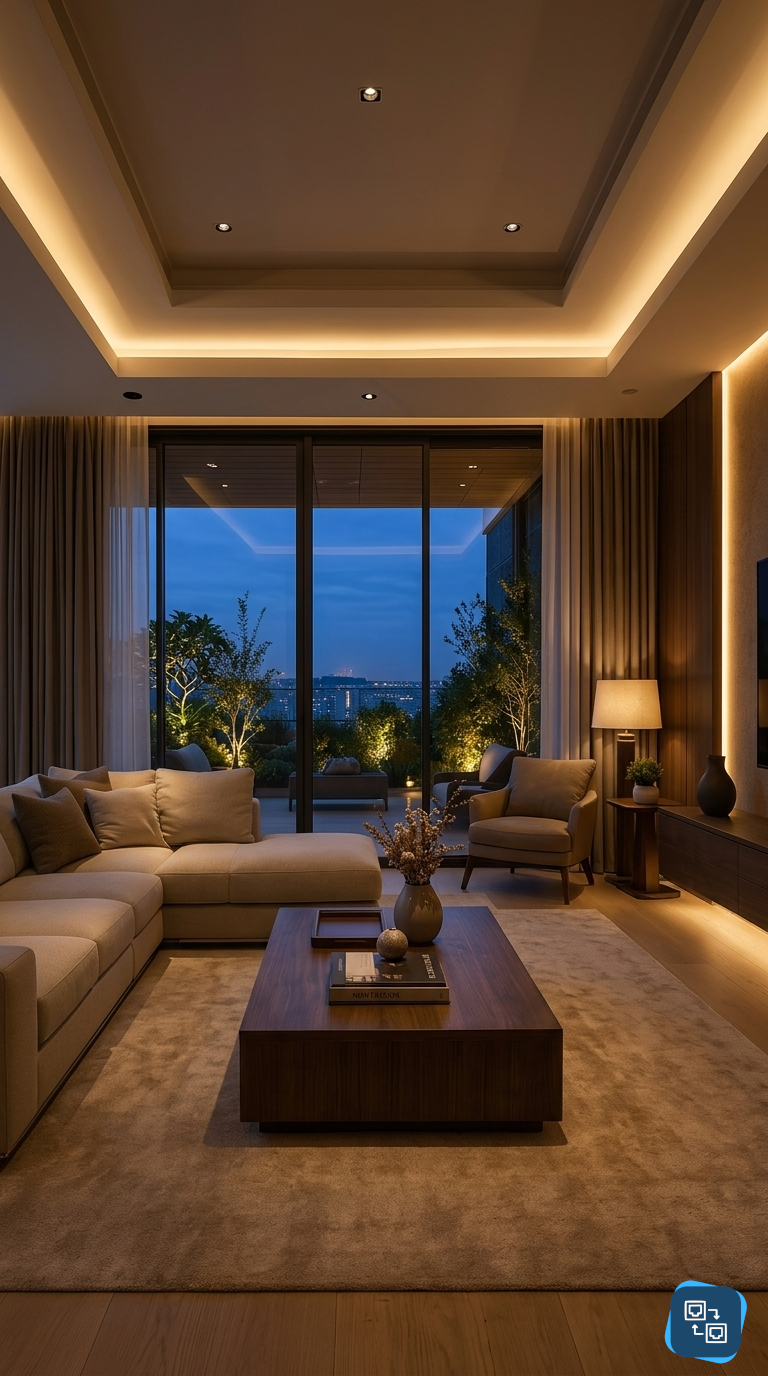 Sala de estar com iluminação de LED embutida e design minimalista em Fortaleza