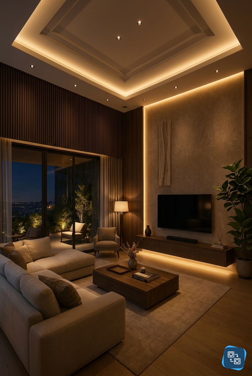 Sala de estar com iluminação de LED embutida e design minimalista em Fortaleza