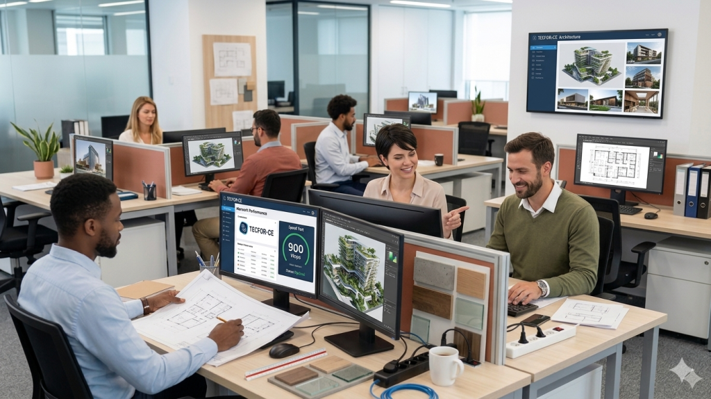 Equipe de arquitetura trabalhando em escritório moderno com rede estável, telas mostrando projetos 3D e teste de velocidade de 900 Mbps da TECFOR-CE.