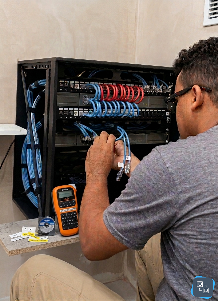 Fábio Silva da TECFOR-CE realizando organização de rack com cabeamento estruturado e rotulador Brother em Fortaleza.