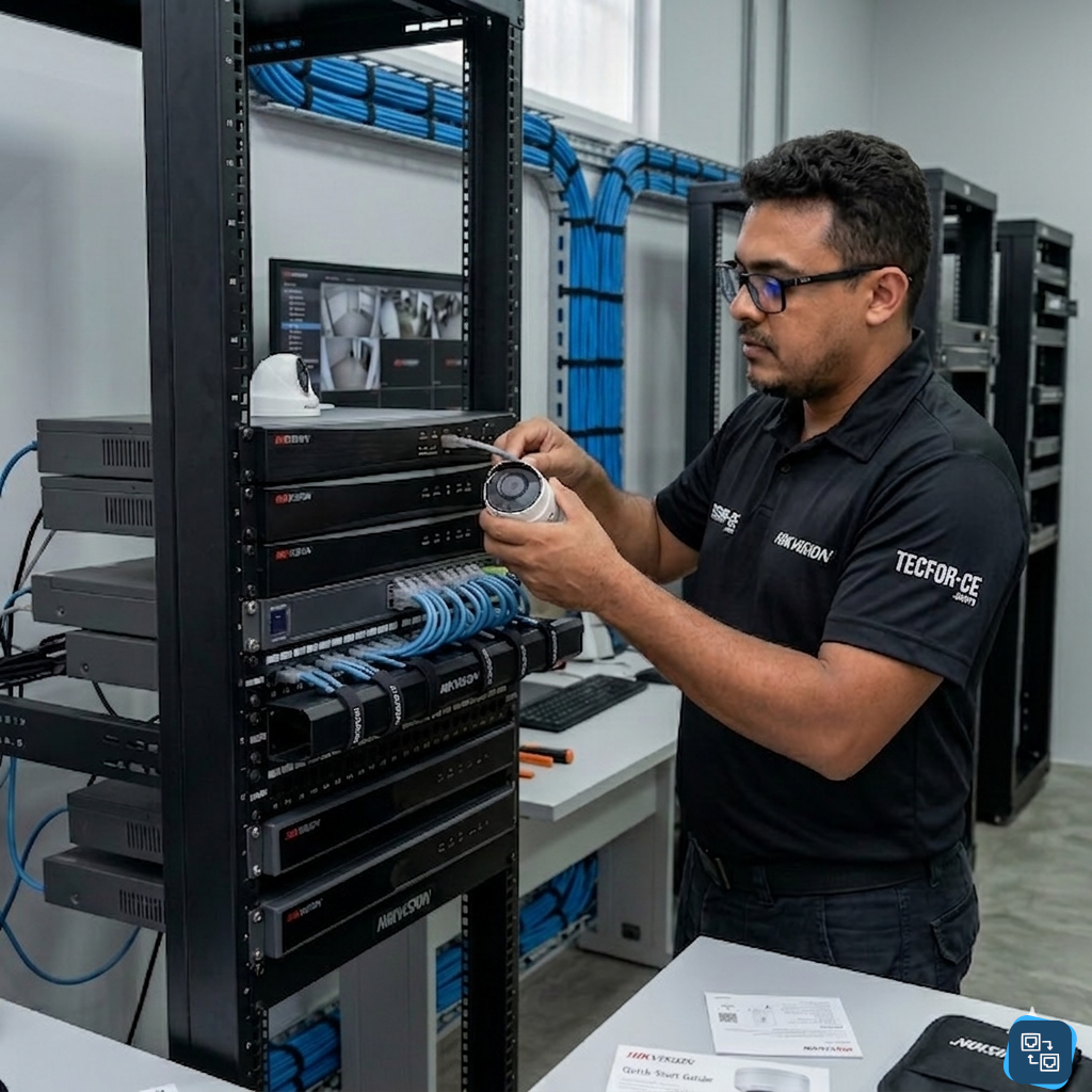 Fábio Silva da TECFOR-CE instalando sistema de câmeras Hikvision em rack de rede profissional com cabeamento estruturado azul em Fortaleza.