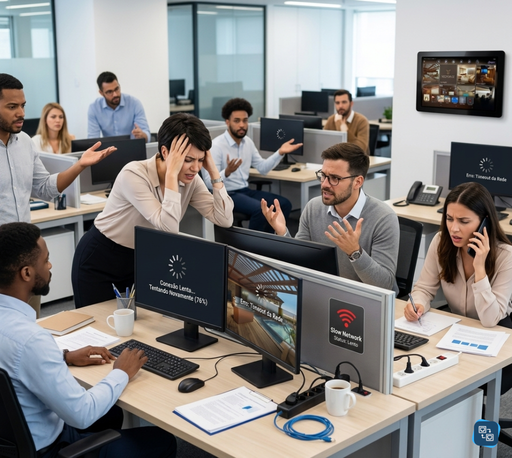 Escritório com vários funcionários frustrados diante de computadores. Uma mulher no centro aperta as têmporas em sinal de estresse. Nos monitores, aparecem círculos de carregamento e avisos escritos "Conexão Lenta" e "Erro de Rede". Na parede, há um painel de automação, e o ambiente é de um escritório corporativo com divisórias claras.