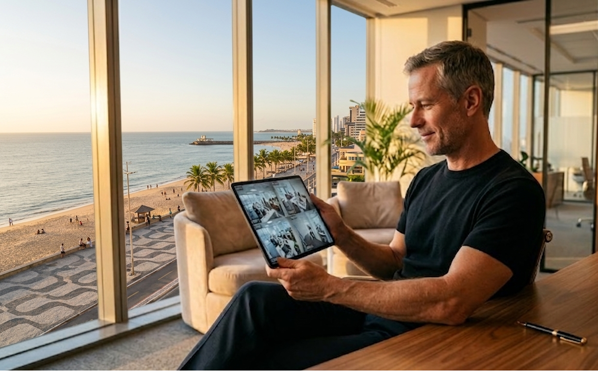 Homem executivo grisalho sentado em escritório moderno de frente para janela panorâmica com vista de cidade litorânea ao pôr do sol, segurando tablet com mosaico de feeds de câmeras de segurança.