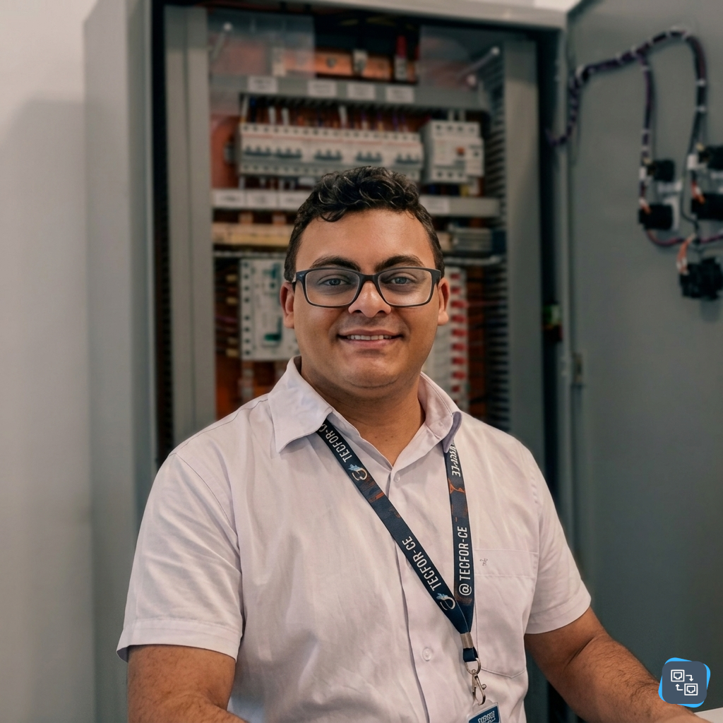 Profissional da TECFOR-CE sorrindo em frente a um quadro de distribuição elétrica estruturado e organizado.