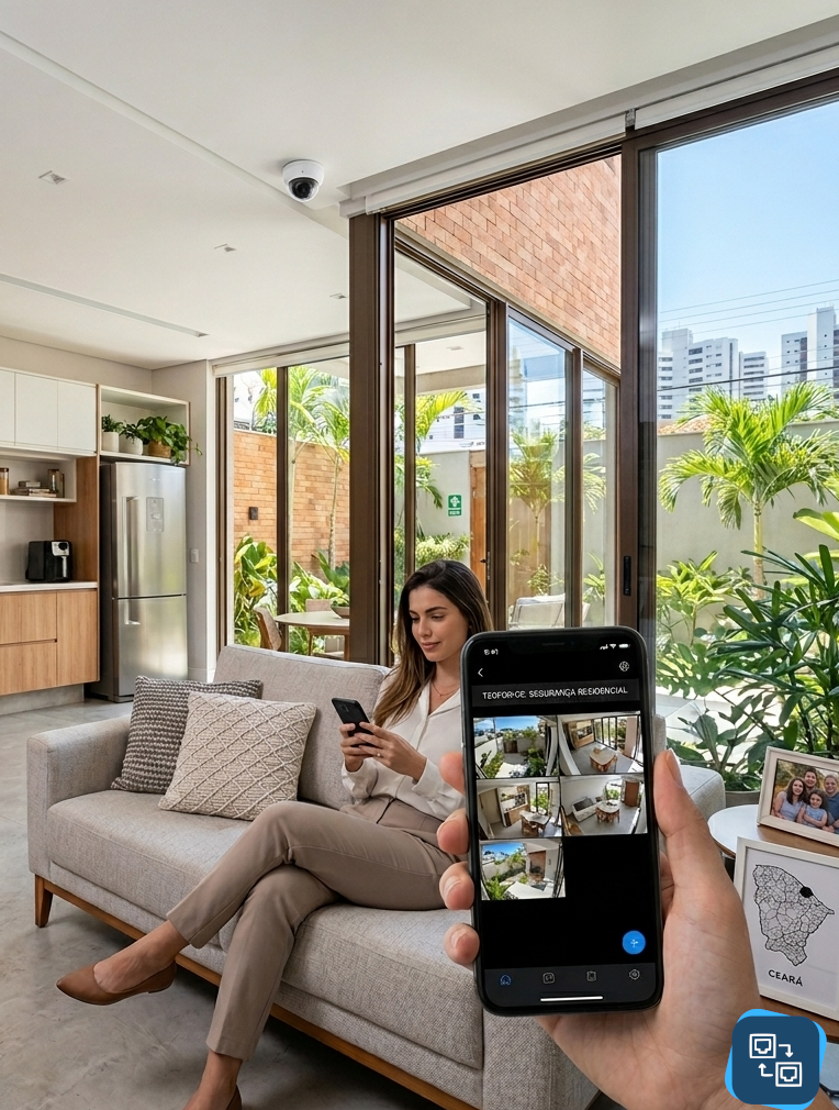 Mulher sentada em sala de estar moderna em Fortaleza, visualizando câmeras de segurança discretas pelo celular em um ambiente com iluminação natural.