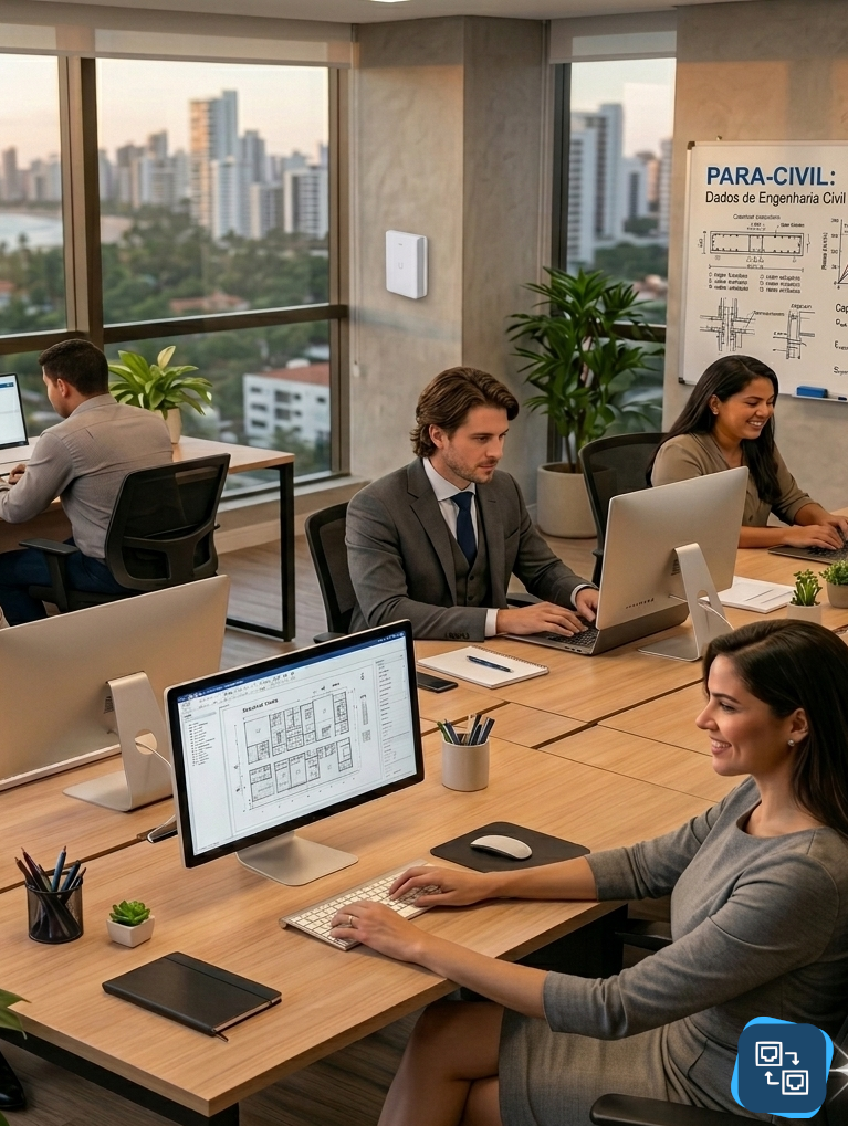 Equipe de arquitetura trabalhando em escritório moderno com rede estável, telas mostrando projetos 3D e teste de velocidade de 900 Mbps da TECFOR-CE.