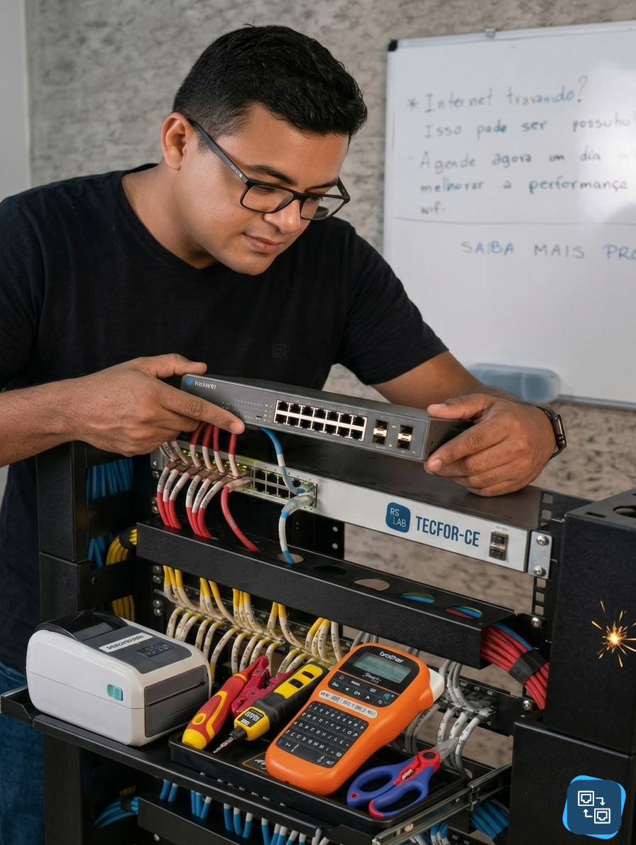 Fábio Silva da TECFOR-CE instalando sistema de câmeras Hikvision em rack de rede profissional com cabeamento estruturado azul em Fortaleza.