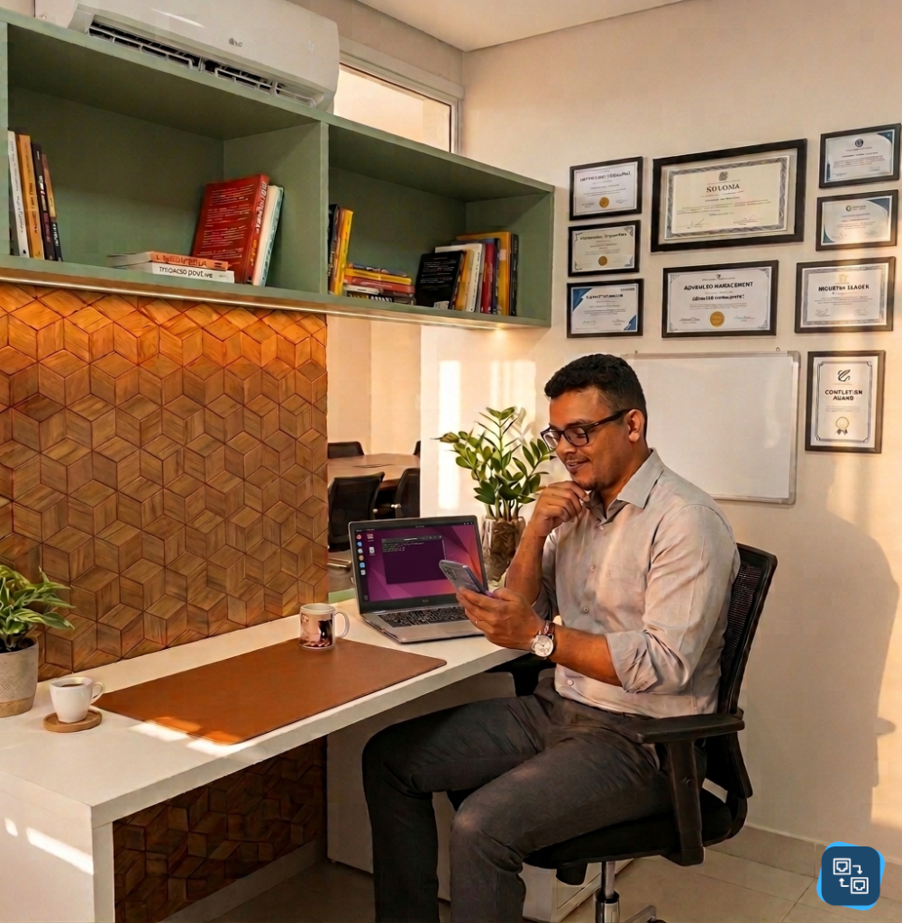 Empresário da Tecfor-CE em escritório moderno, sentado à mesa com notebook Dell rodando sistema Ubuntu, olhando para o celular com quadros de certificações ao fundo.