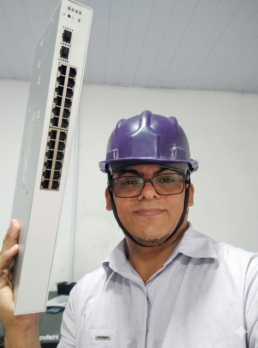 Técnico de TI segurando um switch de rede prateado e preto em um ambiente interno em construção. Ele usa capacete de segurança.