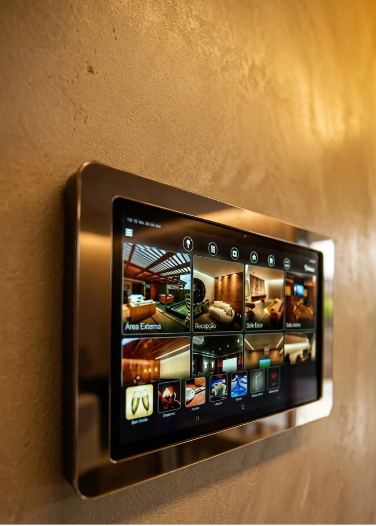 Painel touch screen de automação residencial da TECFOR-CE fixado em parede com iluminação quente premium, exibindo interface de controle de ambientes como área externa, recepção e sala de estar.