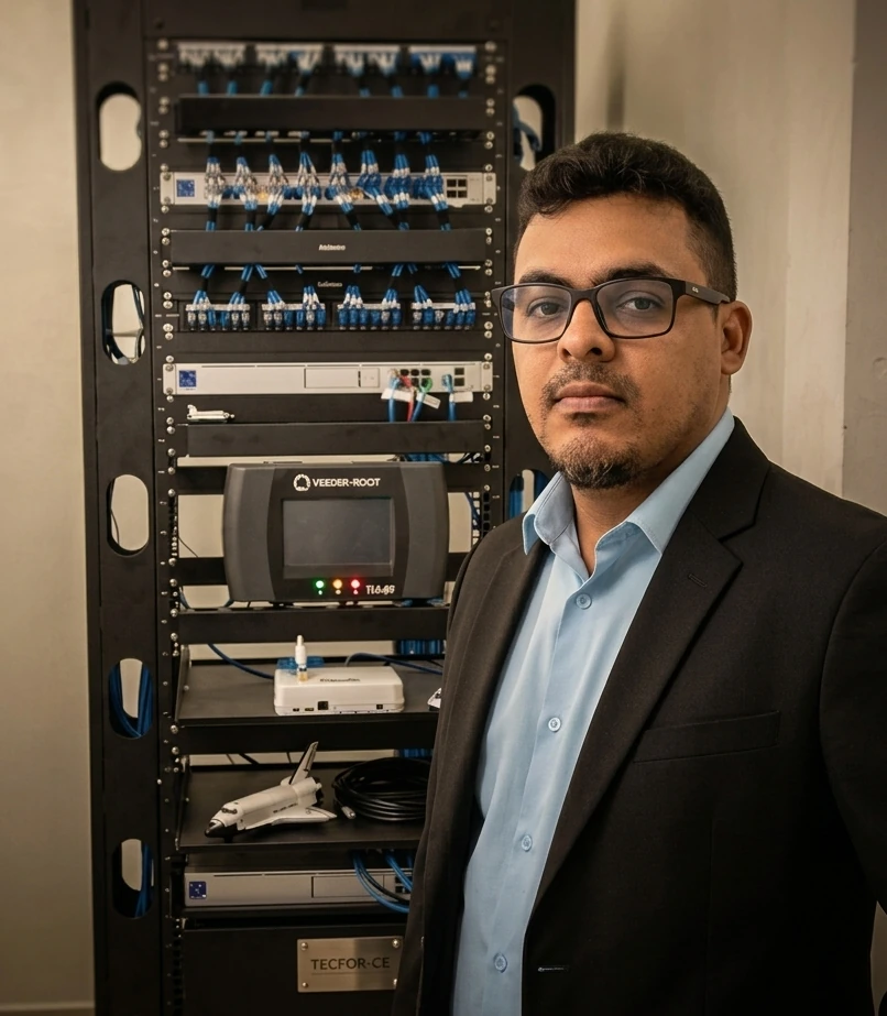 Fotografia de um técnico de TI da TECFOR-CE em pé ao lado de um rack de servidor profissional com cabeamento estruturado azul organizado, em um ambiente de escritório em Fortaleza.