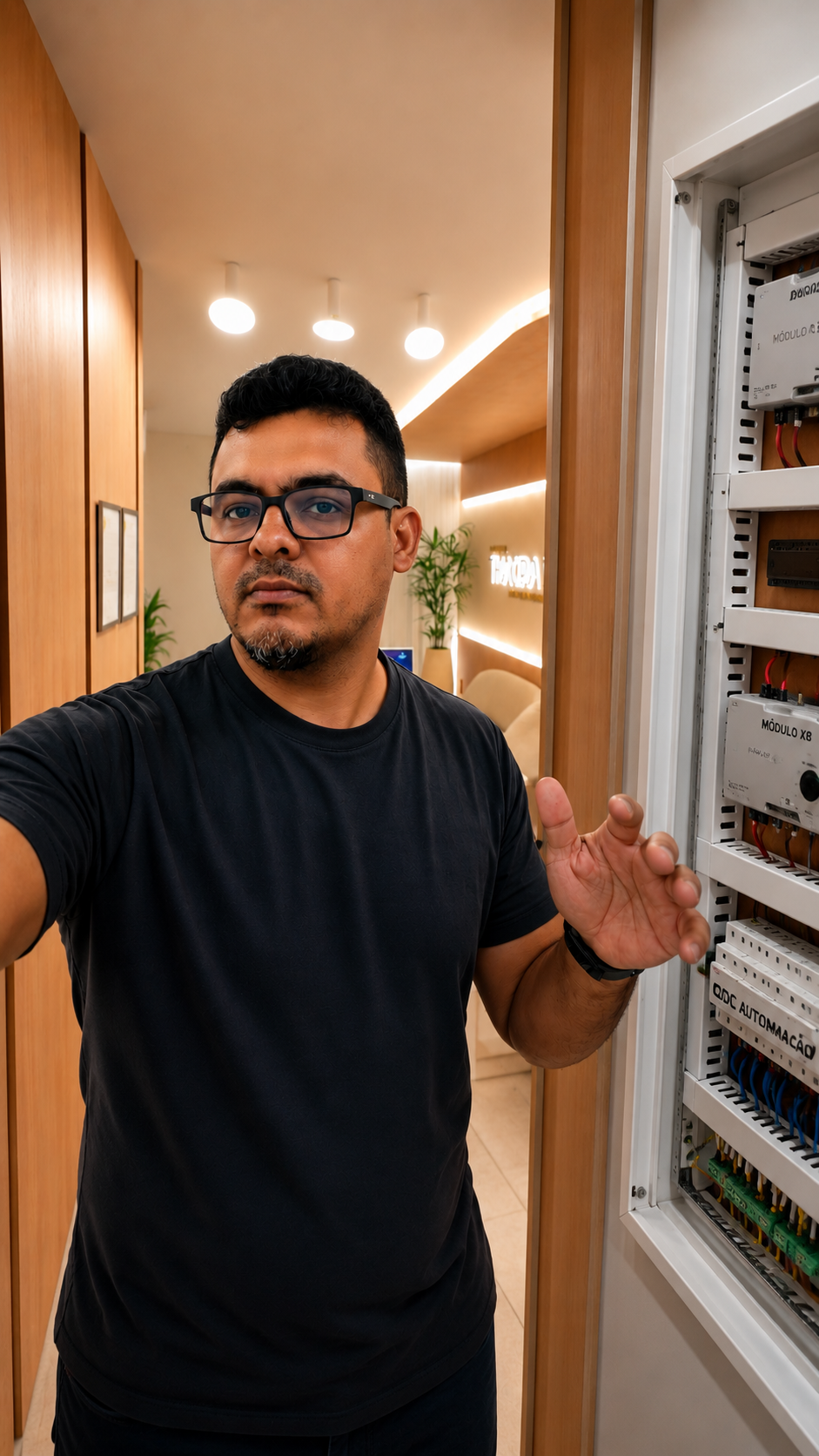 Profissional de automação residencial em ambiente moderno ao lado de quadro de automação inteligente com acabamento premium e infraestrutura organizada.