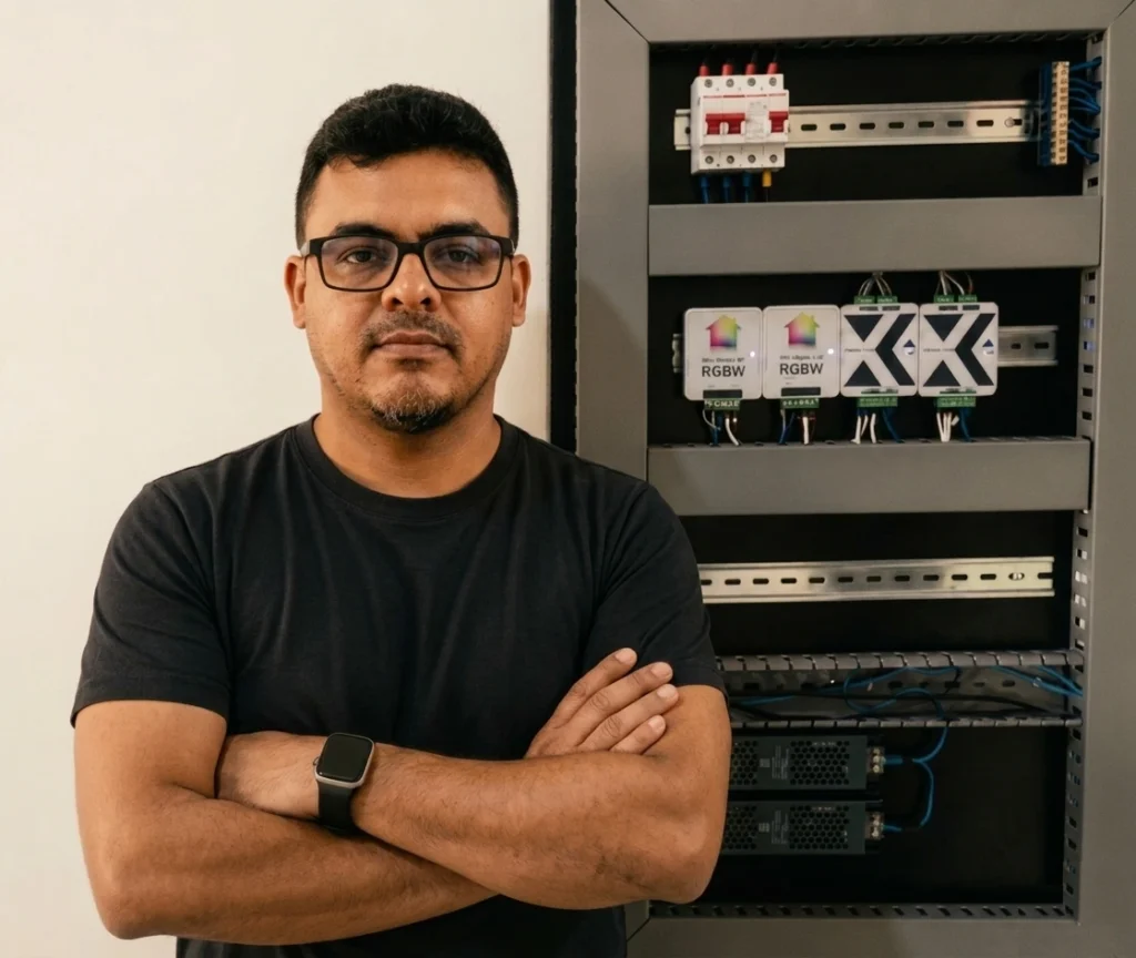 Especialista da DAFEN ao lado de um painel técnico de automação residencial premium em Fortaleza