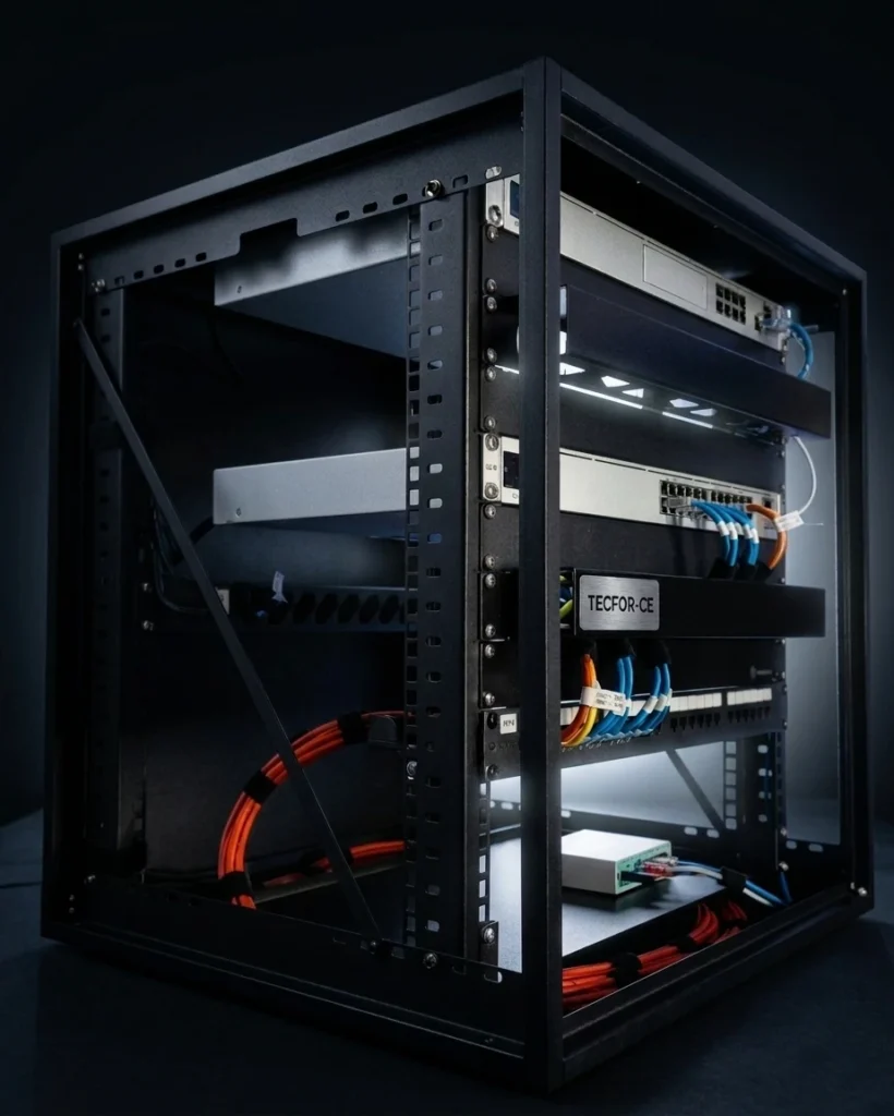 Rack metálico de 12U da dafen com organização profissional de cabos, switches de rede e cabeamento estruturado em ambiente de tecnologia corporativa.