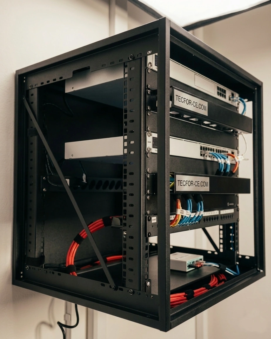 Rack metálico de 12U da TECFOR-CE com organização profissional de cabos, switches de rede e cabeamento estruturado em ambiente de tecnologia corporativa.
