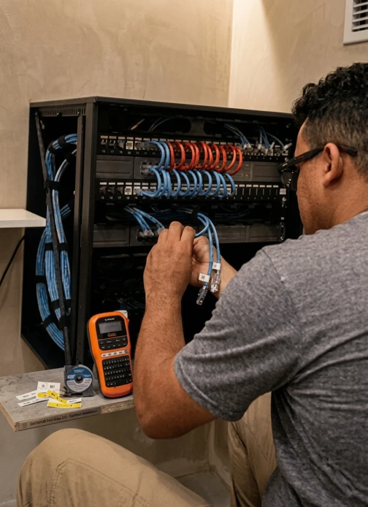 Fábio Silva da TECFOR-CE realizando organização de rack com cabeamento estruturado e rotulador Brother em Fortaleza.