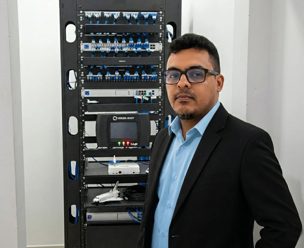 Fotografia de um técnico de TI da TECFOR-CE em pé ao lado de um rack de servidor profissional com cabeamento estruturado azul organizado, em um ambiente de escritório em Fortaleza.