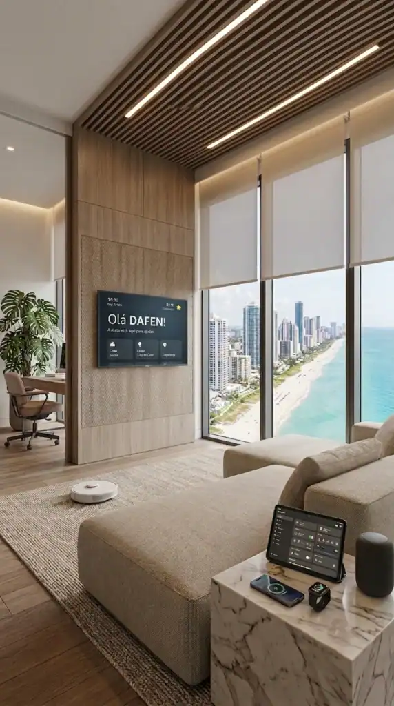 Quarto de residência de alto padrão em Fortaleza com automação residencial, painel de controle inteligente, iluminação automatizada e integração por comando de voz.