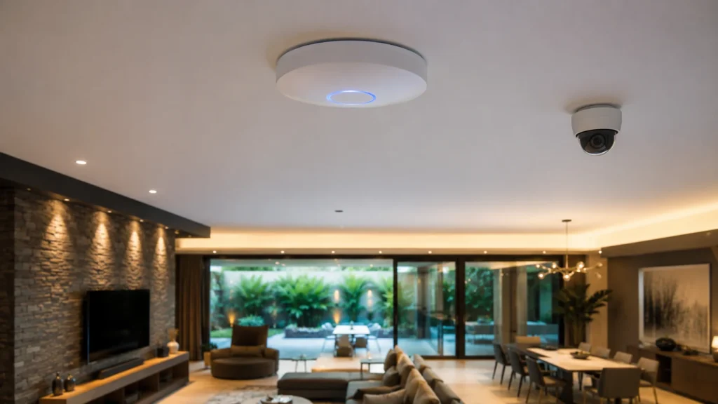 Casa moderna com TV, notebook, automação residencial e câmeras conectados por uma rede Wi-Fi profissional