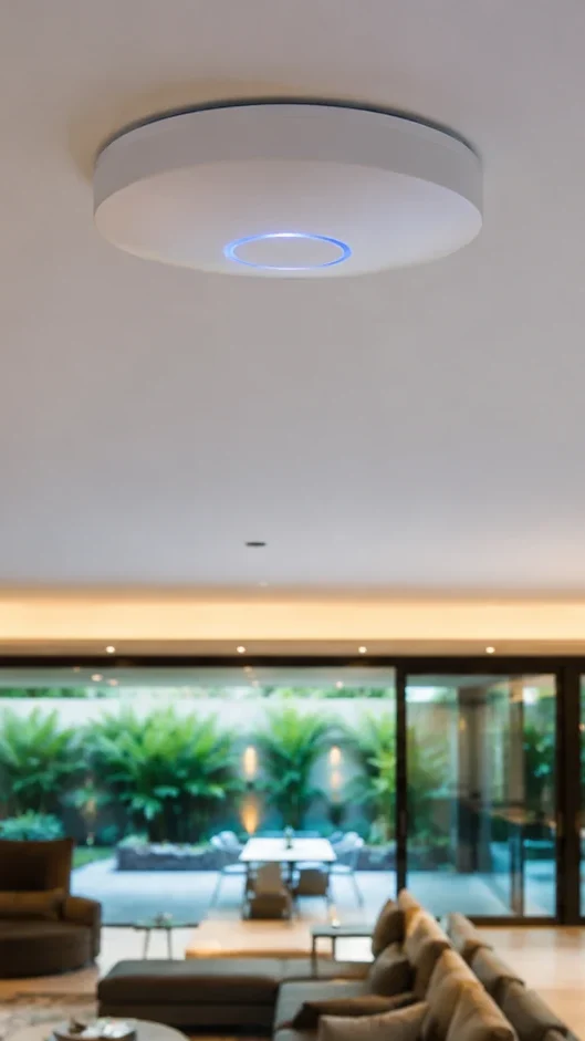 Casa moderna com TV, notebook, automação residencial e câmeras conectados por uma rede Wi-Fi profissional