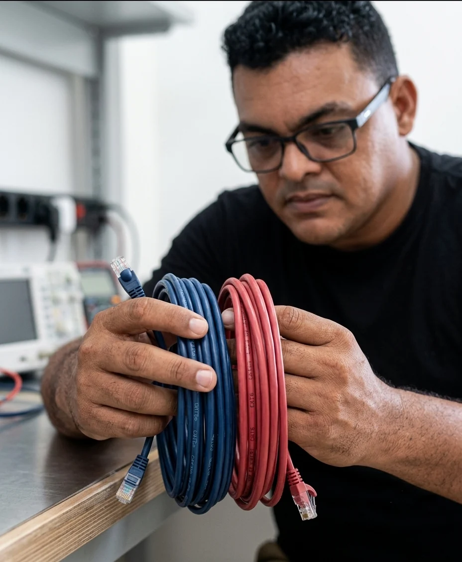 Foto em plano fechado focando nas mãos de Fábio Silva, vestindo camiseta preta e óculos, enquanto segura e inspeciona dois rolos de cabo de rede de cores diferentes (um azul Cat5e e um vermelho Cat6) em uma bancada de laboratório de TI.