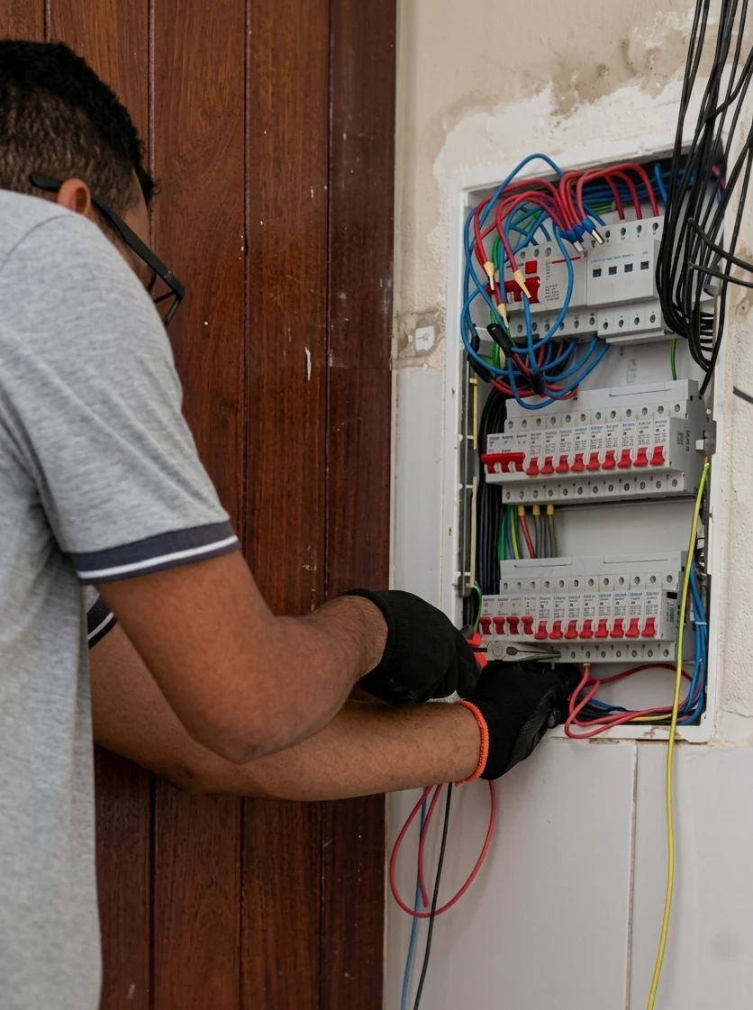 Eletricista em Fortaleza executando montagem e organização de quadro elétrico residencial com segurança e planejamento