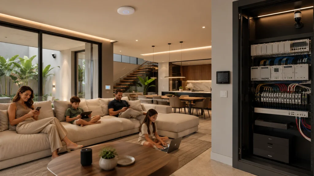 Residência moderna com Smart TV, notebook, automação residencial, câmeras IP e rack de rede organizados em um projeto de Wi-Fi profissional em Fortaleza.