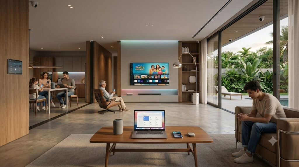 Família reunida na sala de estar de uma casa moderna de alto padrão, utilizando diversos dispositivos como smartphones, notebooks, Smart TV e automação residencial conectados a uma rede Wi-Fi estável.