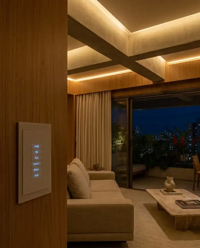 Painel de casa inteligente discreto em parede de madeira clara de uma sala de estar de luxo em Fortaleza à noite, com iluminação indireta quente no teto de concreto aparente e vista urbana ao fundo.