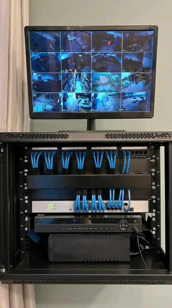 Rack de rede com NVR e equipamentos de monitoramento por câmeras IP em Maracanaú.