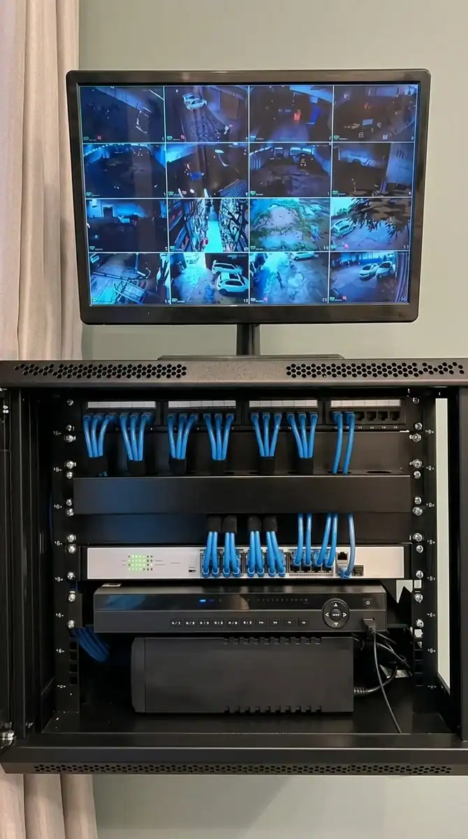 Rack de dvr preto com monitor de segurança montado no topo, mostrando feeds de câmera de vigilância. Cabos Ethernet azuis organizados conectando switches de rede e NVR.