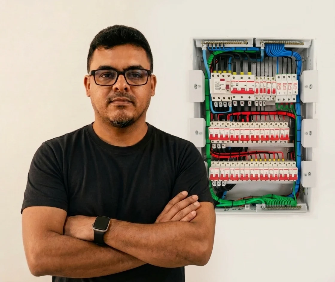 Fábio Silva realizando organização de quadro elétrico residencial em Fortaleza CE, com instalação elétrica organizada e preparada para automação residencial