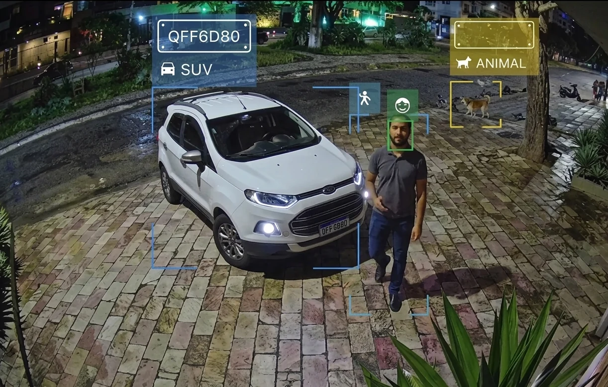 Interface de câmera de segurança Unifi mostrando detecção de múltiplos objetos por Inteligência Artificial em um ambiente urbano noturno. A imagem exibe caixas delimitadoras sobre um SUV branco (com identificação da placa 'QFF6D80'), um homem caminhando com reconhecimento facial e um animal doméstico ao fundo, cada um com tags de categoria coloridas (SUV, Pessoa, Animal). A marca Unifi está visível no canto inferior direito.