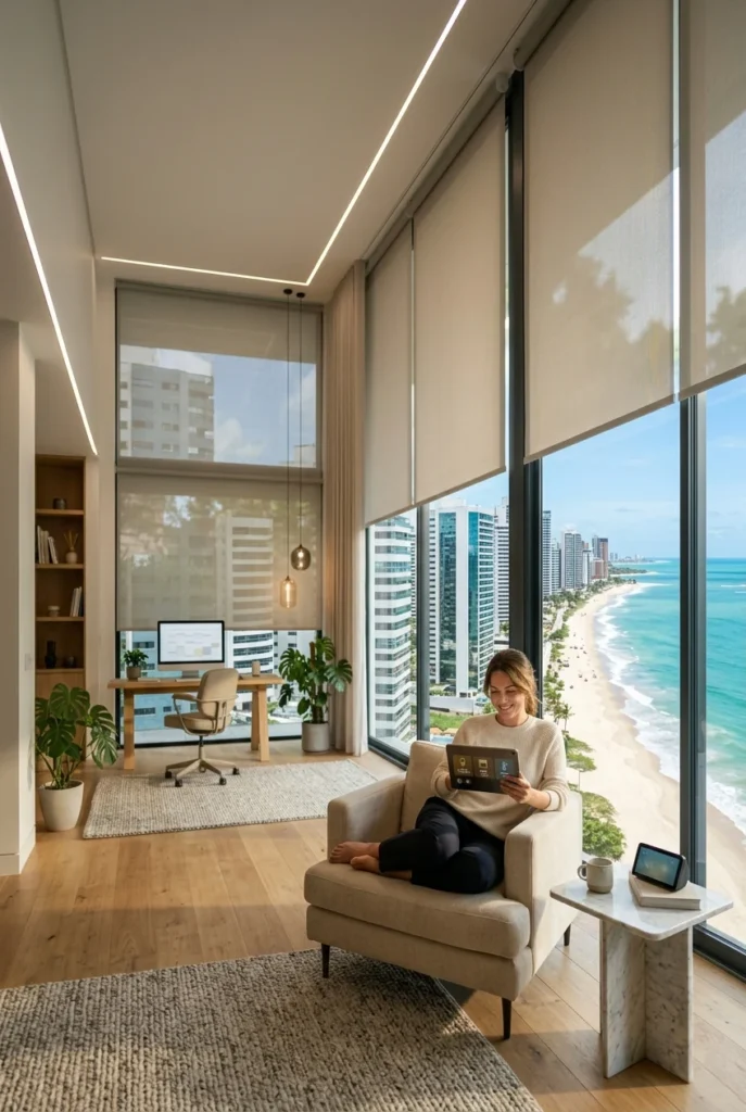 Apartamento de alto padrão na Beira Mar de Fortaleza com automação residencial, controle inteligente de iluminação e soluções para eficiência energética.